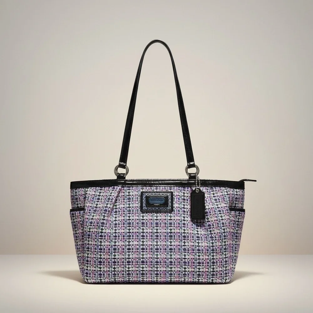Coach Tweed Plaid Tote F17699 Black Patent Trim Satchel